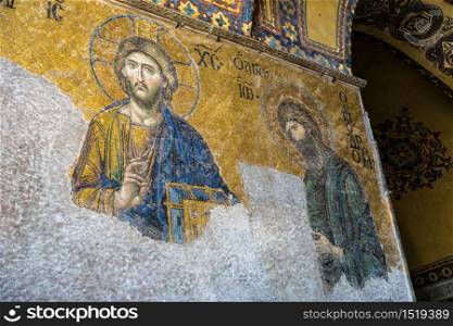 ISTANBUL, TURKEY - JULY 26, 2017: Jesus figure in Hagia Sophia interior in Istanbul, Turkey in a beautiful summer day