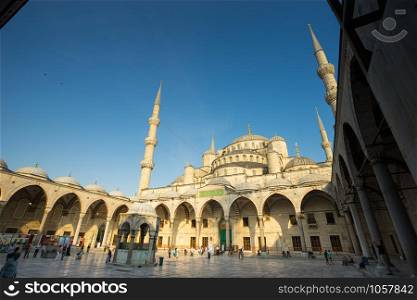ISTANBUL TURKEY - JUNE 10, 2015: Entrance to the Blue Mosque, Istanbul, Turkey. Blue mosque has an official name &rsquo;Sultanahmet&rsquo;.