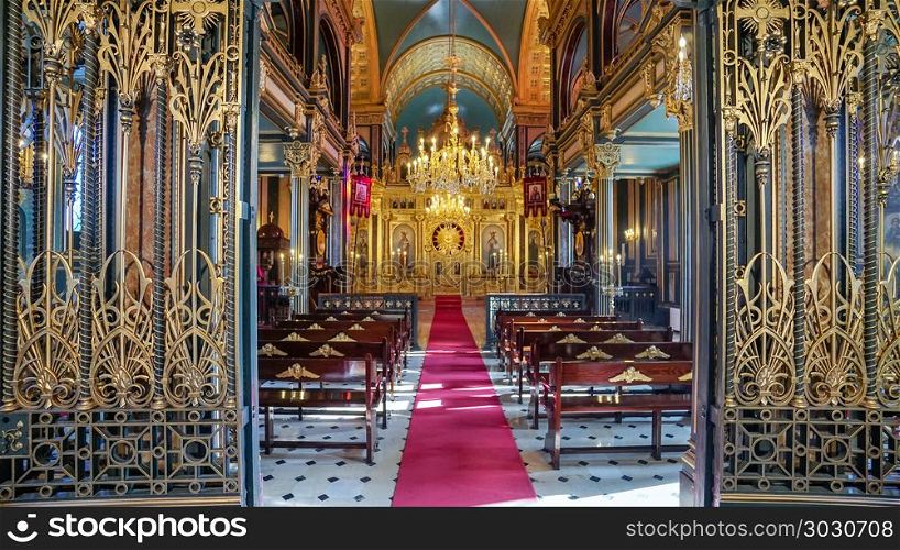 ISTANBUL, TURKEY - MARCH 10, 2018: Interior detail from Bulgarian St. Stephen Church, an orthodox church in Balat, famous for being made of prefabricated cast iron elements in the neo-gothic style.. Bulgarian St. Stephen Church (Iron Church) in Golden Horn, Istan