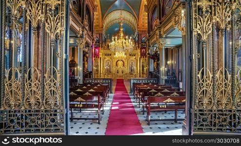 ISTANBUL, TURKEY - MARCH 10, 2018: Interior detail from Bulgarian St. Stephen Church, an orthodox church in Balat, famous for being made of prefabricated cast iron elements in the neo-gothic style.. Bulgarian St. Stephen Church (Iron Church) in Golden Horn, Istan
