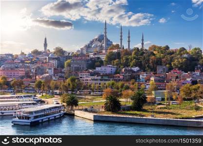 Istanbul view of the Eminonu pier, the Suleymaniye mosque and the Fatih district, Turkey.