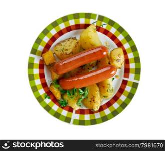 Isterband - lightly smoked sausage from Sweden. served creamed dill potatoes