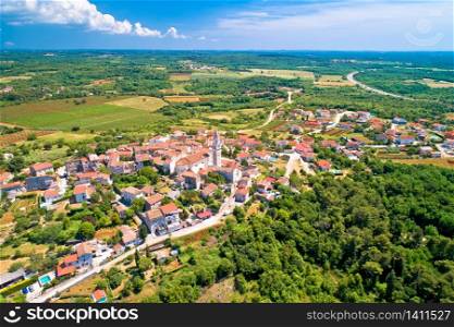 Istria. Town of Visnjan on green istrian hill aerial view, Istria region of Croatia