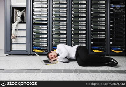 it business man in network server room have problems and looking for disaster situation solution