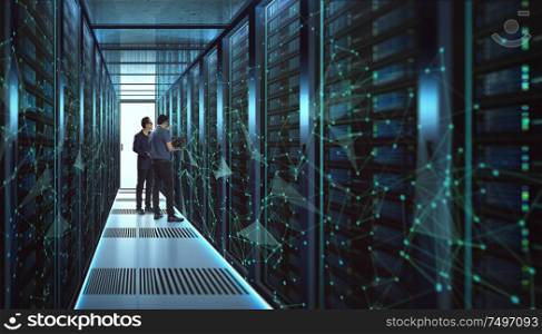 IT Engineers and Technician discussing technical problem in server room with data connection visual effect .