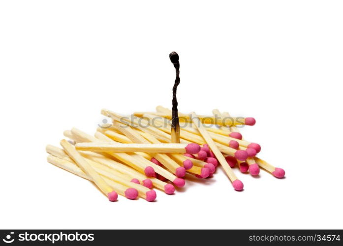 It is a lot of matches on a white isolated background. One match burned down.