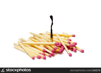 It is a lot of matches on a white isolated background. One match burned down.