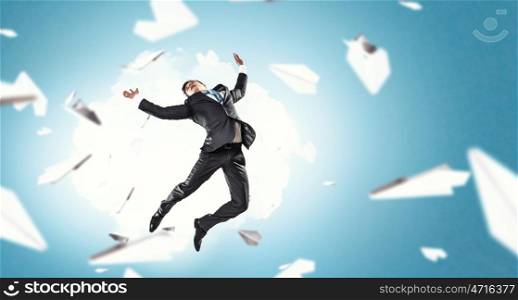 It is time for break. Funny jumping businessman and paper planes flying around