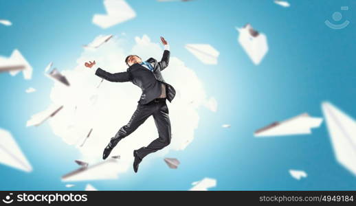 It is time for break. Funny jumping businessman and paper planes flying around