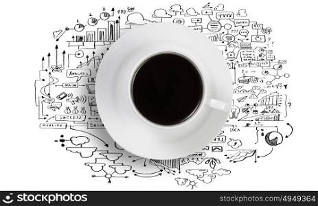 It&rsquo;s coffee time. Conceptual image of cup of coffee with business sketches at background