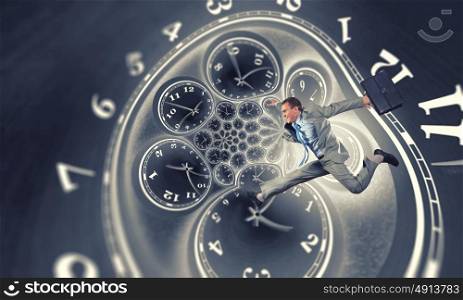 It&rsquo;s high time to do business. Concept of time with funny businessman running in a hurry