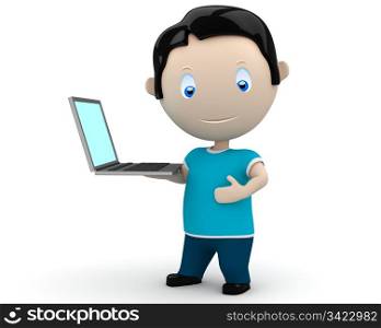 It&rsquo;s laptop time! Social 3D characters: happy smiling young man presents notebook on his palm. New constantly growing collection of expressive unique multiuse people images. Concept for computer generation illustration. Isolated.