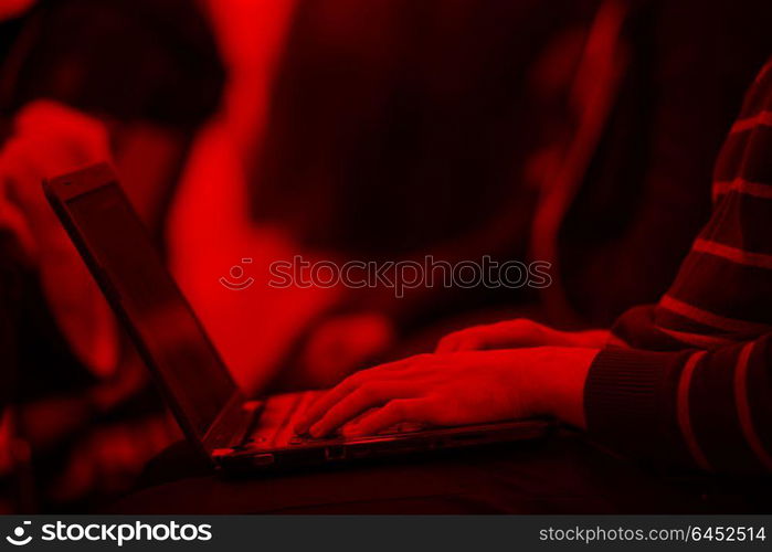 it students on workshop listening presentation and taking notes on laptop computer
