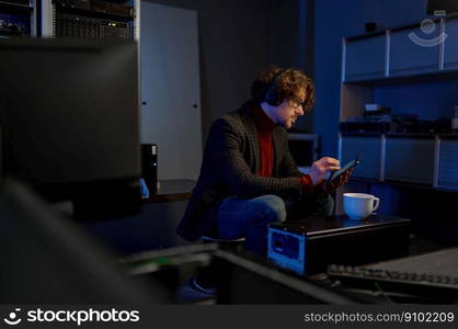 IT technician using digital tablet while working with essential equipment in data center. IT professional taking coffee break. IT technician using digital tablet while working in data center