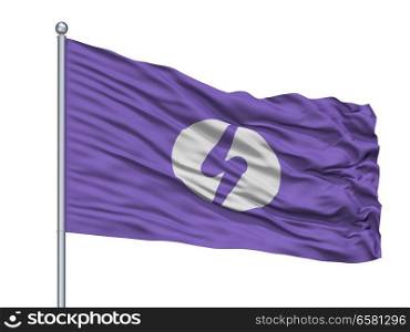 Itako City Flag On Flagpole, Country Japan, Ibaraki Prefecture, Isolated On White Background. Itako City Flag On Flagpole, Japan, Ibaraki Prefecture, Isolated On White Background