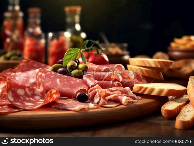Italian appetizer selection snack board on dark background.AI Generative