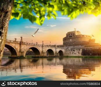 Italian bridge of Saint Angelo on the river Tiber, Rome. Bridge on the river Tiber