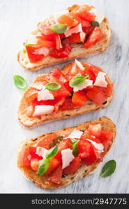 Italian bruschetta with tomatoes, parmesan, garlic and olive oil