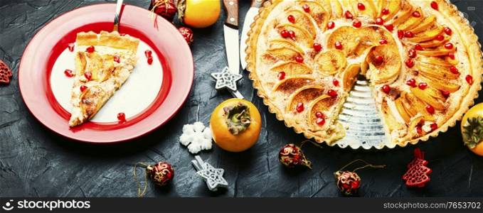 Italian cake or persimmon tart.Delicious Christmas dessert.Christmas pie. Traditional christmas cake