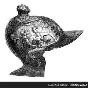 Italian combat helmet sixteenth century, vintage engraved illustration. Magasin Pittoresque 1869.