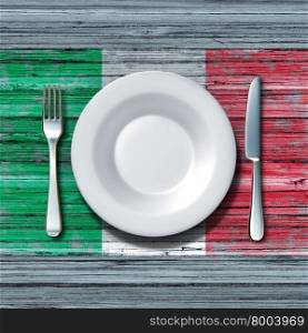 Italian cuisine food concept as a place setting with knife and fork on an old rustic wood table with a symbol of the flag of Italy as an icon of traditional mediterranean region family eating in Italia.