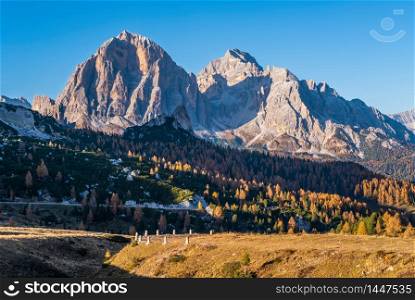 Italian Dolomites mountain peaceful sunny evening view from Giau Pass. Picturesque climate, environment and travel concept scene.