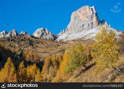 Italian Dolomites mountain peaceful sunny view from Giau Pass. Picturesque climate, environment, nature beauty and travel concept scene.
