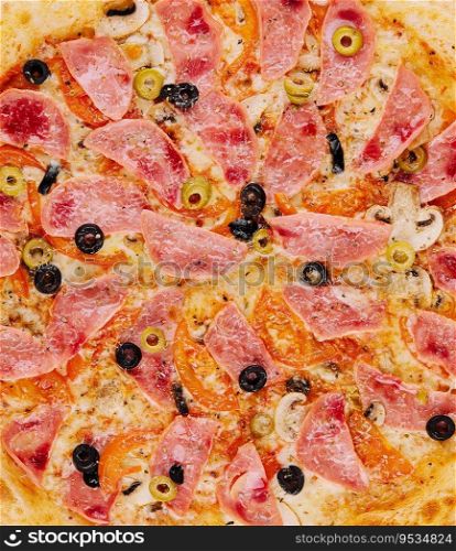 Italian fast food. delicious hot pizza with ham and ch&ignons sliced
