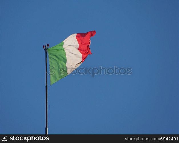Italian Flag of Italy over blue sky. the Italian national flag of Italy, Europe over blue sky