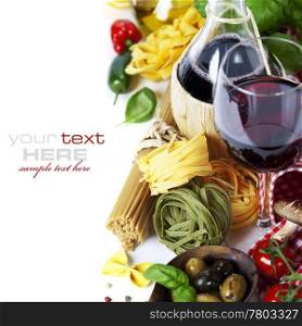 Italian food and wine. Ingredients for cooking (pasta, tomatoe, garlic, pepper, mushroom, bay leaves, olives, olive oil, basil) over white (with easy removable sample text)
