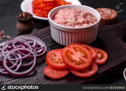 Italian food background. Ingredients on dark background. Cooking background. Raw ingredients for delicious Italian pasta: tomatoes, minced meat, pasta, spices and herbs