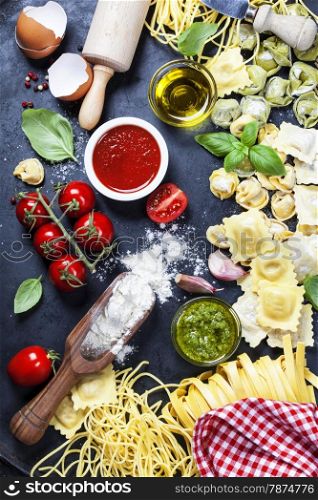 Italian food - Fresh Pasta with sauces and ingredients