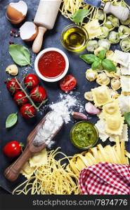 Italian food - Fresh Pasta with sauces and ingredients