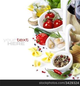 Italian food. Ingredients for cooking (tomatoe, garlic, pepper, mushroom, bay leaves, olives, olive oil) With wine over white (with easy removable sample text)