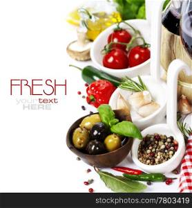 Italian food. Ingredients for cooking (tomatoe, garlic, pepper, mushroom, bay leaves, olives, olive oil) With wine over white (with easy removable sample text)