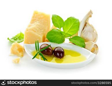 Italian food ingredients for traditional cuisine on white background