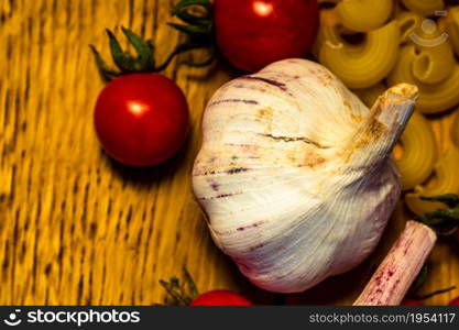 Italian food ingredients on wooden table. Cooking concept