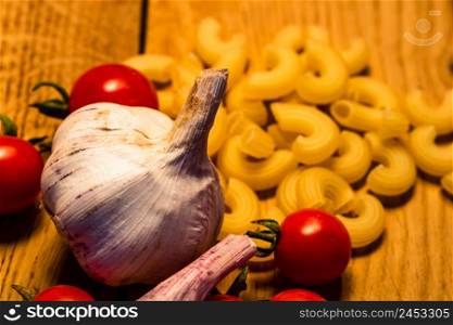 Italian food ingredients on wooden table. Cooking concept