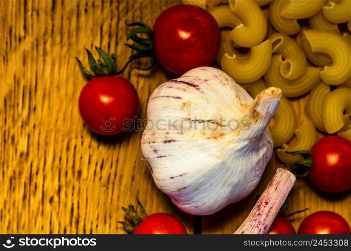 Italian food ingredients on wooden table. Cooking concept