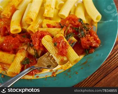 Italian food. Pasta Rigatoni with tomato sauce