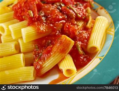 Italian food. Pasta Rigatoni with tomato sauce