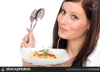 Italian food - portrait of healthy woman eat spaghetti with sauce