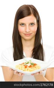 Italian food - portrait of healthy woman hold spaghetti with sauce