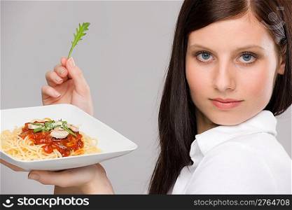 Italian food - portrait of healthy woman spaghetti with sauce