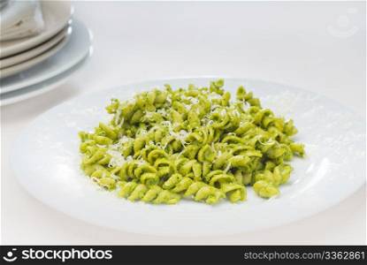 italian fusilli pasta and fresh homemade pesto sauce