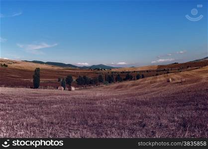 Italian Landscape with Many Hay Bales, Vintage Style Toned Picture