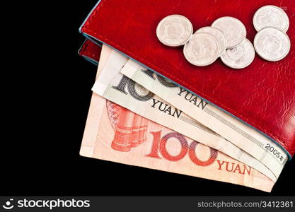 Italian leather wallet with Chinese money, useful for concepts