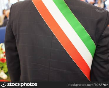 Italian mayor with sash. Mayor of Italian town with Italian tricolour flag mayoral sash