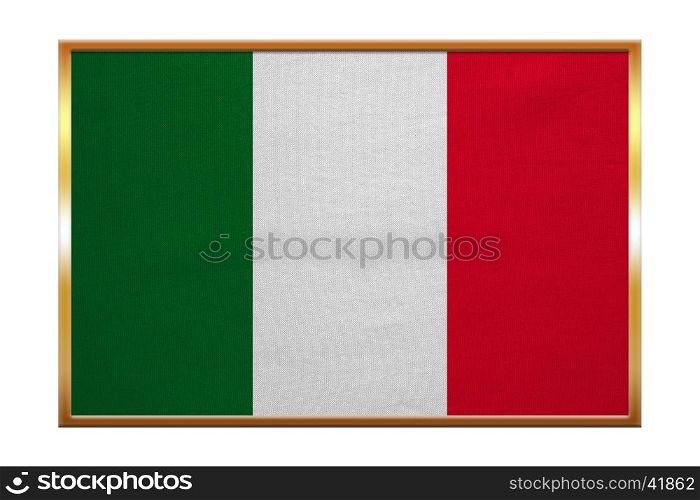 Italian national official flag. Patriotic symbol, banner, element, background. Correct colors. Flag of Italy , golden frame, fabric texture, illustration. Accurate size, color