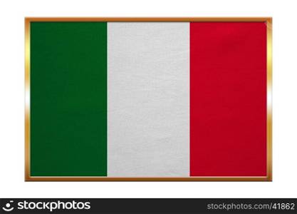 Italian national official flag. Patriotic symbol, banner, element, background. Correct colors. Flag of Italy , golden frame, fabric texture, illustration. Accurate size, color
